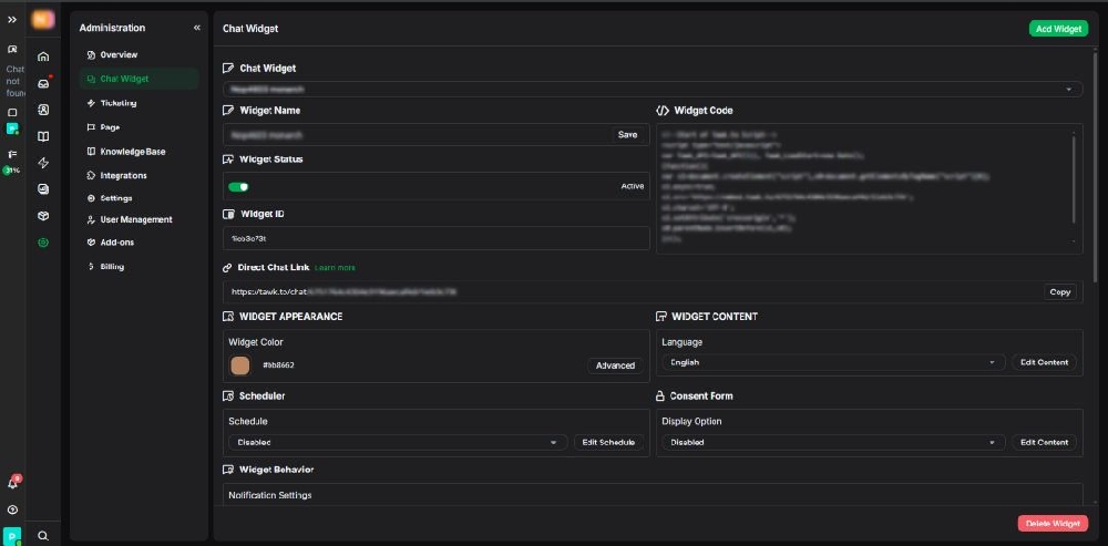 tawk. to live chat widget dashboard menu